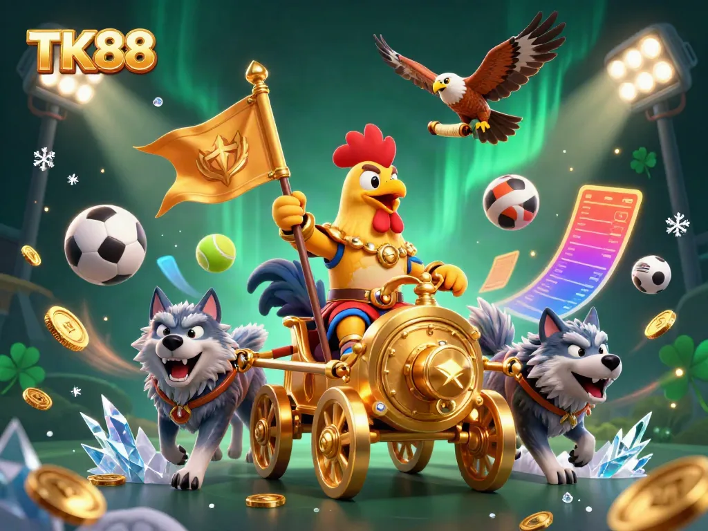 Bet big with TK88 gaming: immersive scene of a rooster warlord leading a dynamic casino adventure.