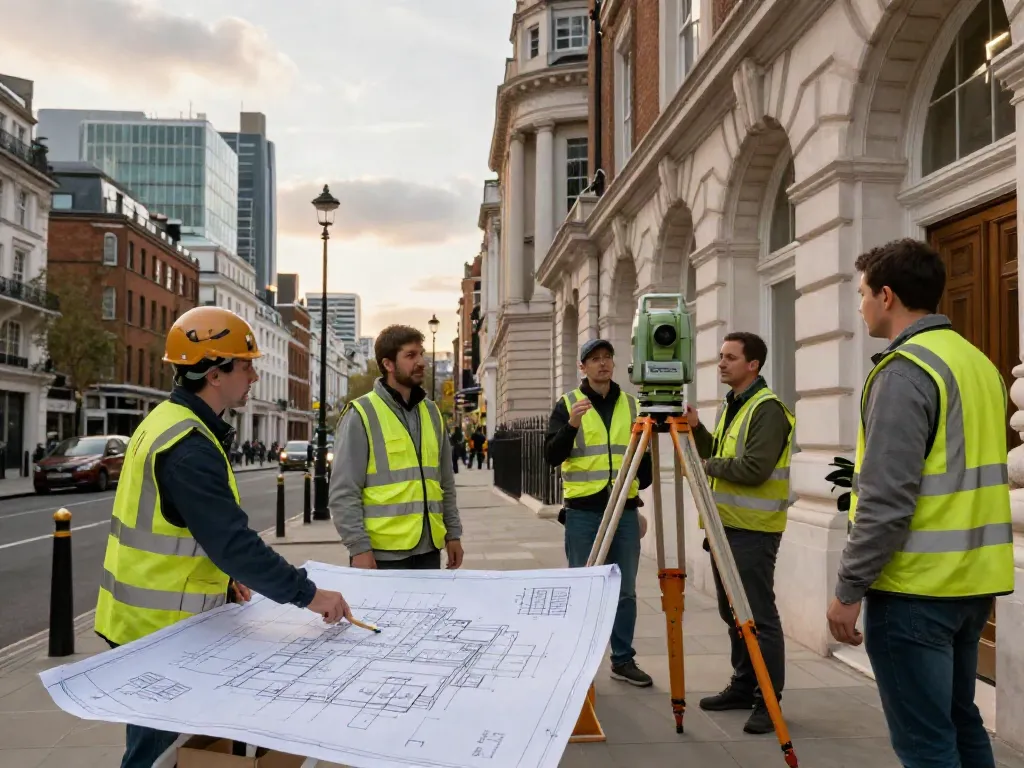 Measured Building Surveyors London team using advanced equipment to survey a historic building in an urban environment.