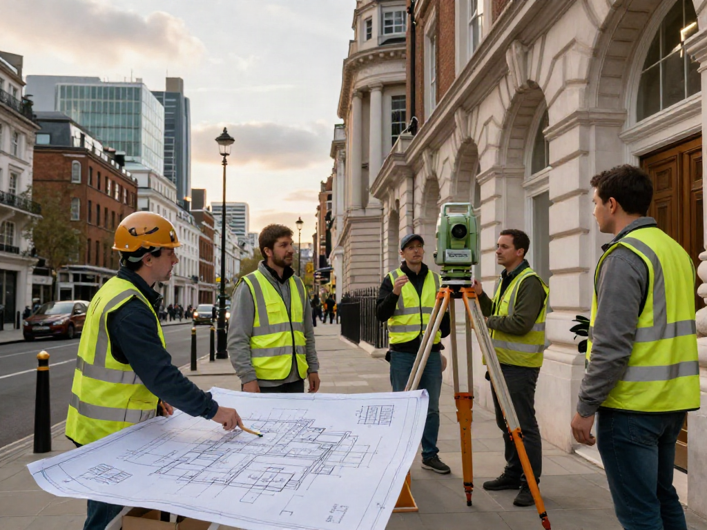 Measured Building Surveyors London team using advanced equipment to survey a historic building in an urban environment.