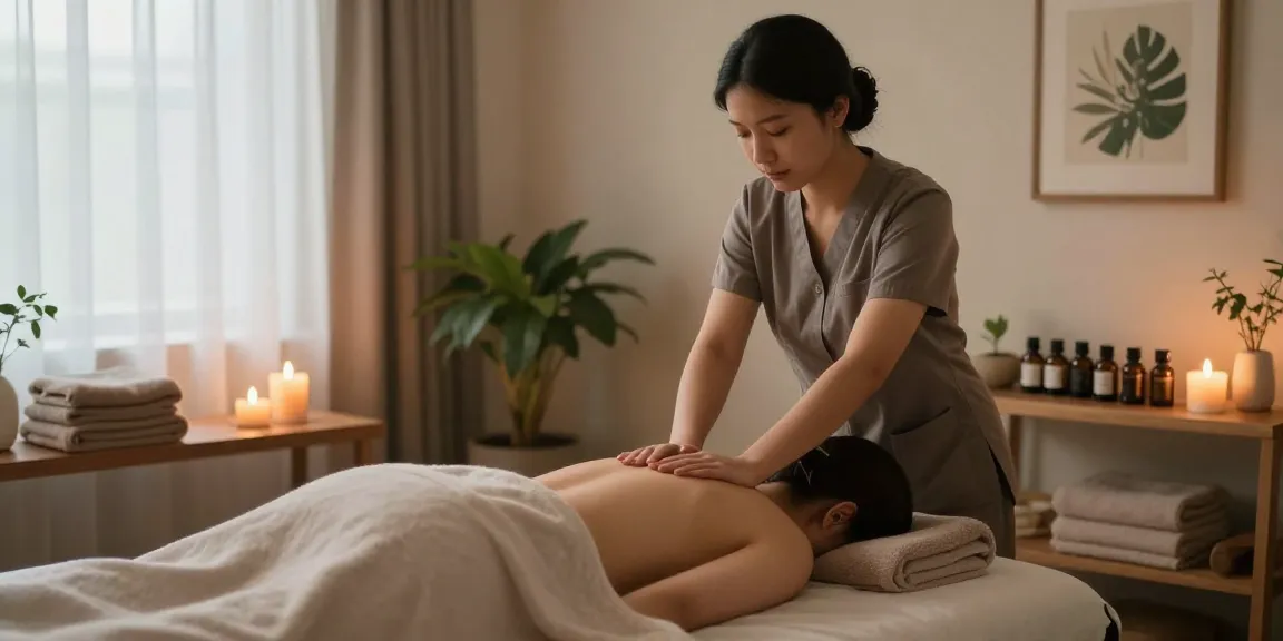 Enjoying 김포출장안마 in a serene massage therapy setting with calming candles and essential oils.