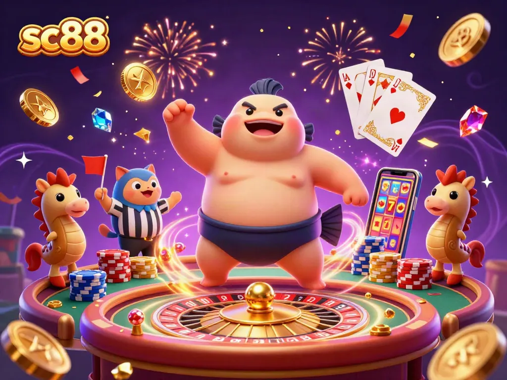 Experience the excitement of sc88 with vibrant underwater casino action featuring a blowfish and catfish referee.