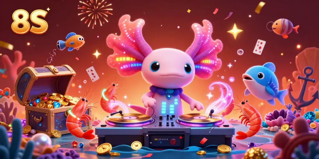 Experience vibrant action with the 8S neon axolotl DJ spinning records at an underwater casino party.