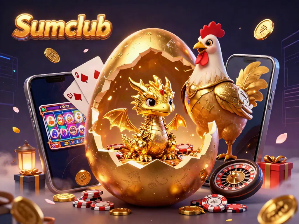 Engage in thrilling gameplay at Sumclub with a golden dragon guarding poker chips and vibrant casino elements.