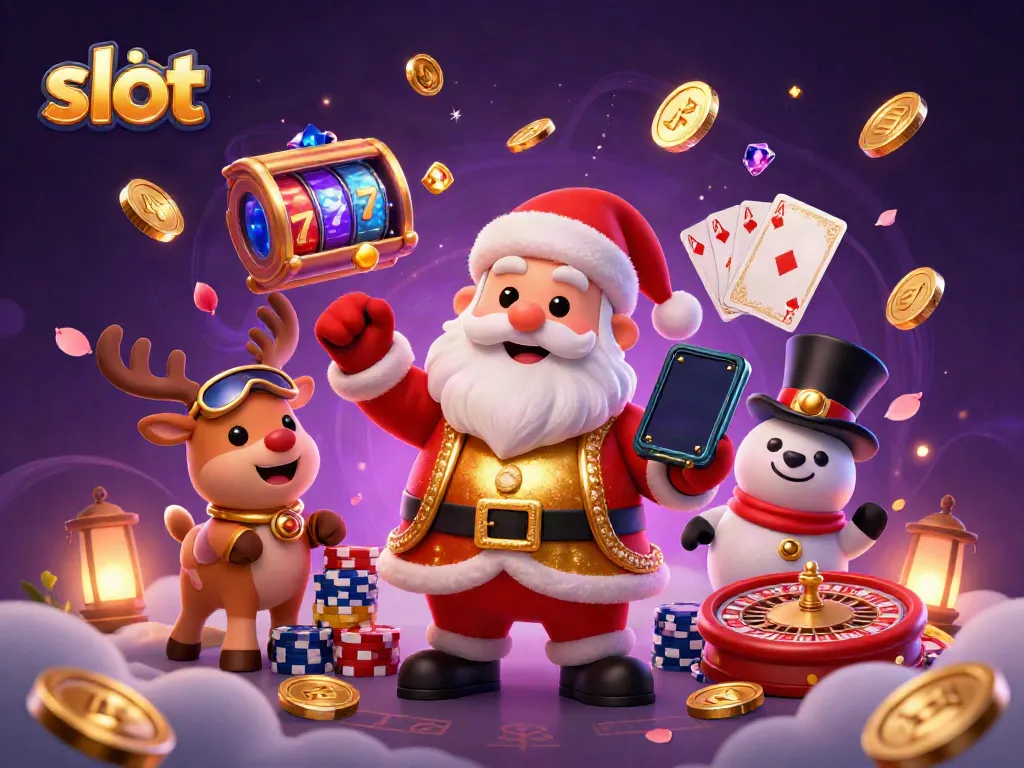 Experience the thrill of slot gameplay with a festive 3D casino illustration featuring Santa and friends.