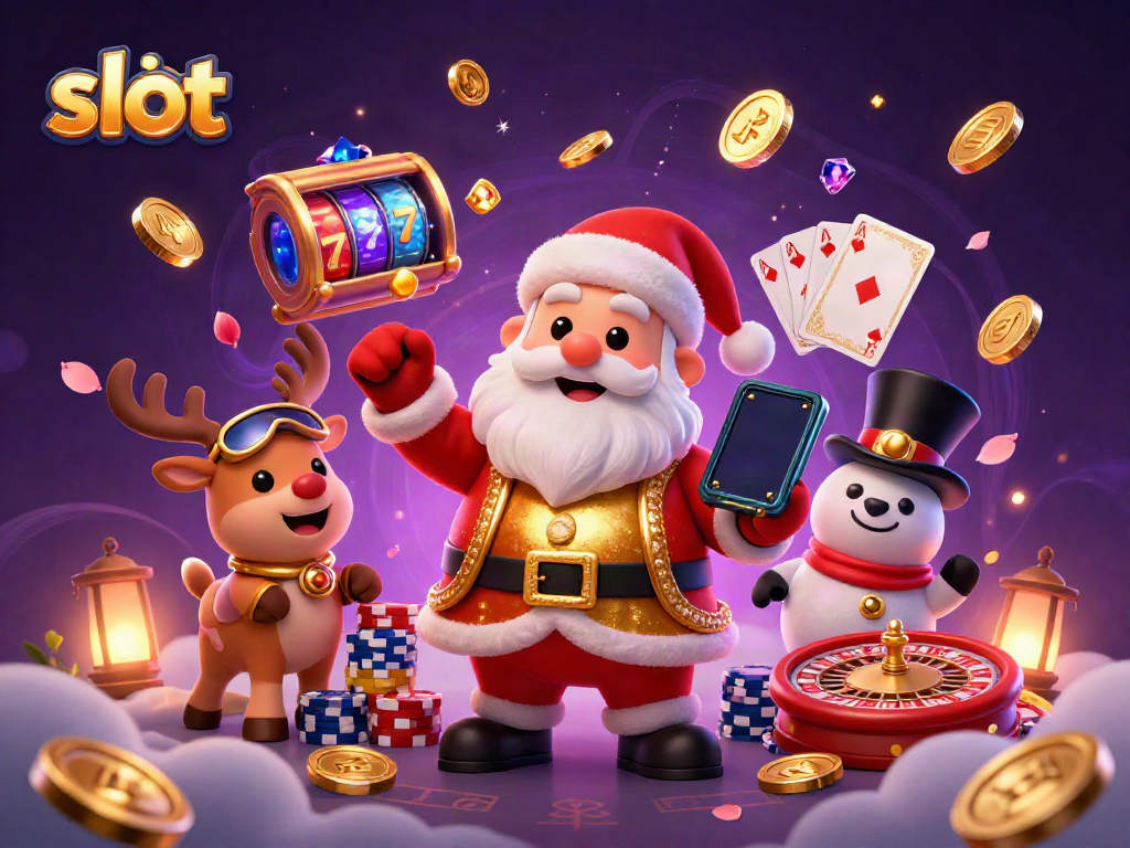 Experience the thrill of slot gameplay with a festive 3D casino illustration featuring Santa and friends.