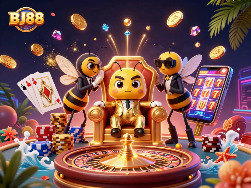 BJ88 presents an engaging 3D cartoon casino scene featuring a bumblebee mob boss and high-energy gambling elements.
