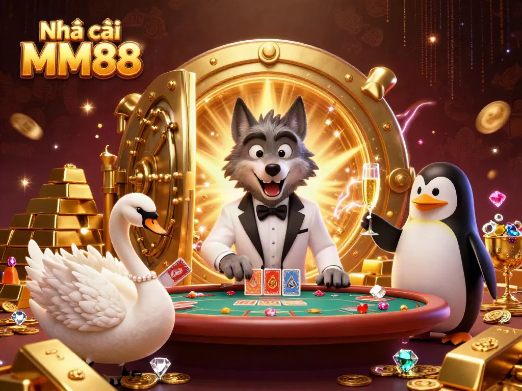 Experience thrill with Nhà cái MM88 in this vibrant baccarat scene featuring luxurious characters and sparkling treasures.