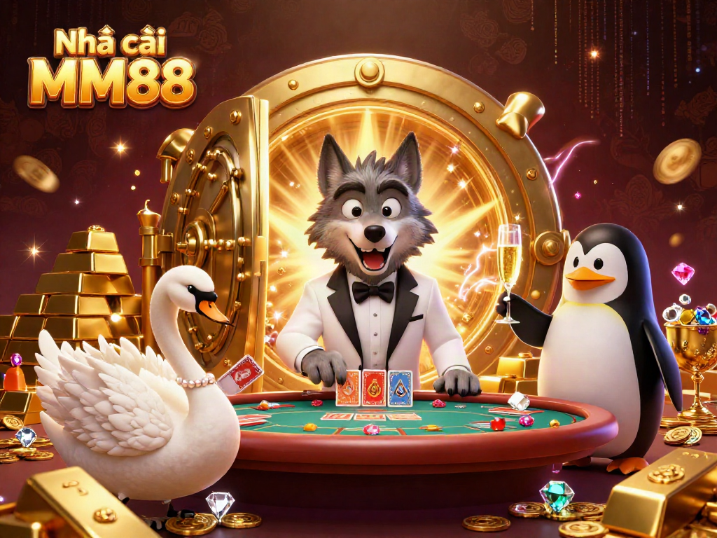 Experience thrill with Nhà cái MM88 in this vibrant baccarat scene featuring luxurious characters and sparkling treasures.