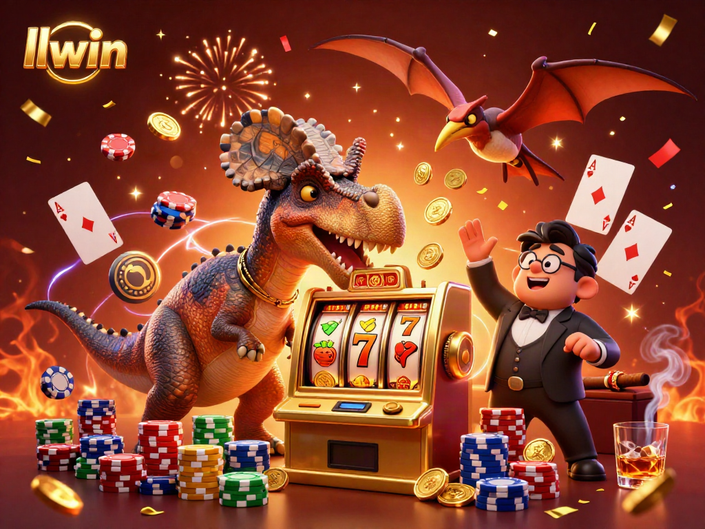 llwin brings excitement as a dinosaur hits a slot machine for jackpot coins in this lively casino scene.