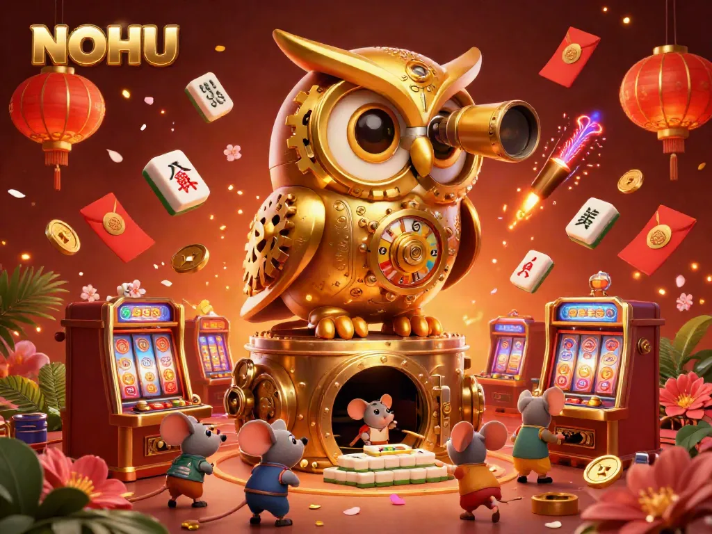 Engage in thrilling gameplay at NOHU with a mesmerizing 3D casino scene featuring a golden owl and lively patrons.