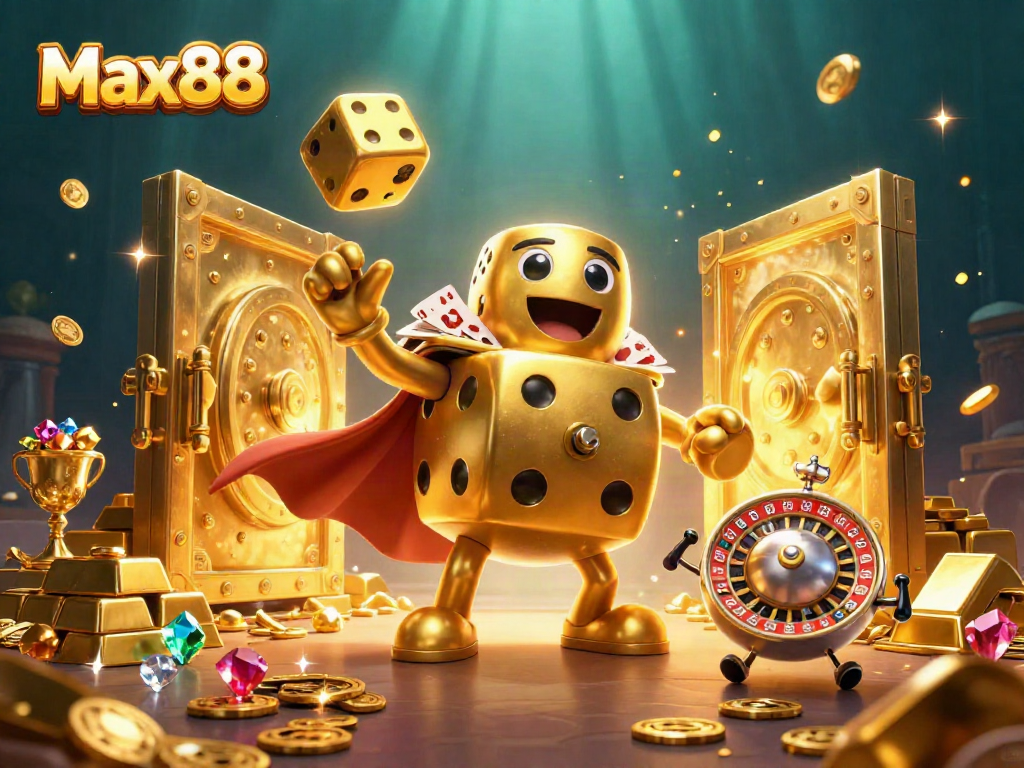 Max88 animated scene with golden dice, jewels, and casino elements illustrating gambling excitement