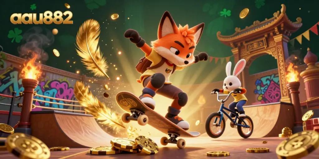 Experience thrilling action with aau882 as a cartoon fox performs flips over golden poker chips, set against a vibrant casino backdrop.