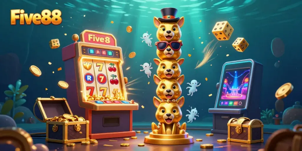 Experience the excitement at Five88 with this vibrant 3D scene featuring a colorful slot machine, golden totem, and jackpot treasures.