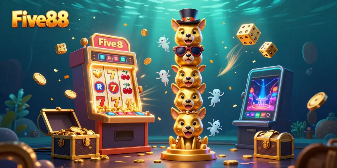 Experience the excitement at Five88 with this vibrant 3D scene featuring a colorful slot machine, golden totem, and jackpot treasures.
