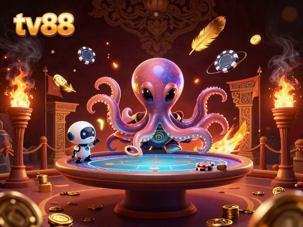 Engage in thrilling poker action with tv88's vibrant 3D alien characters at a dynamic holographic table.