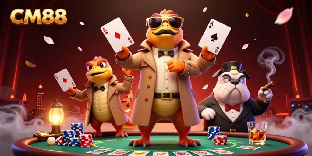Raptors in disguise at a casino entrance showcasing the cm88 brand, filled with gambling excitement.