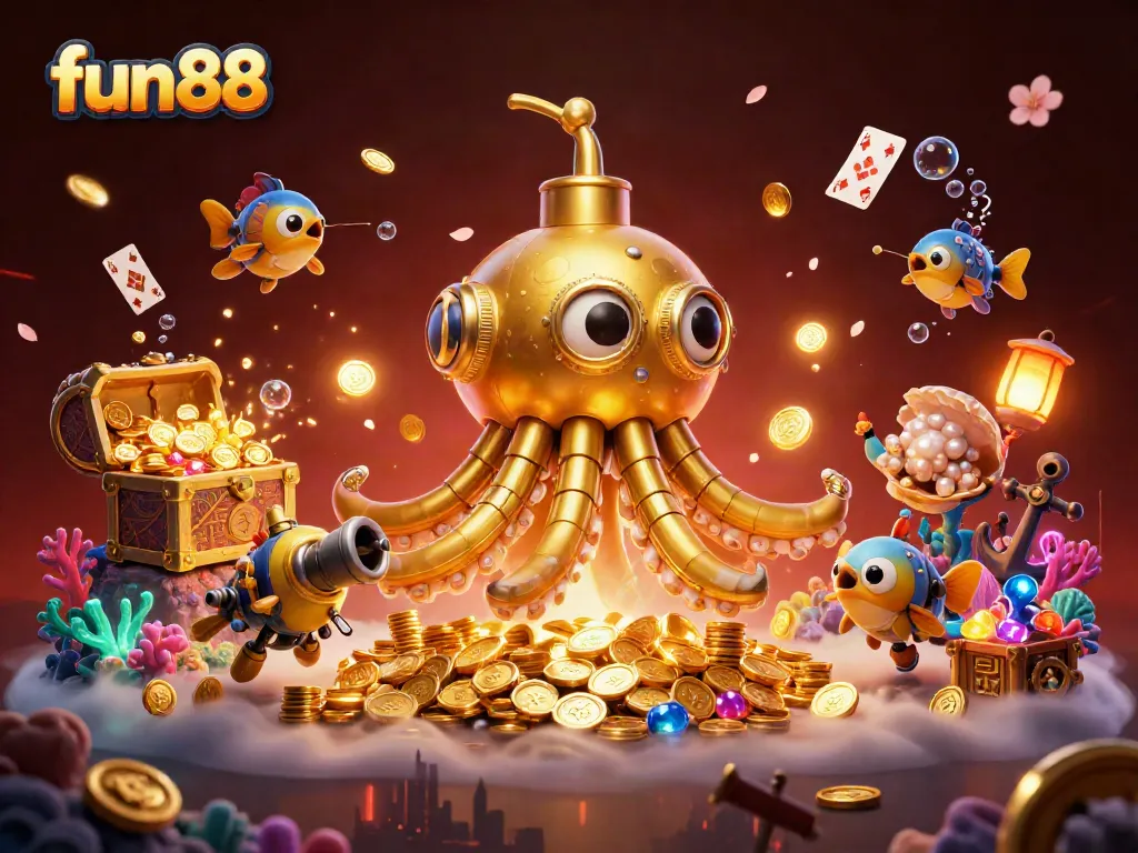 Join the fun88 adventure with a golden kraken submarine amid a treasure-filled sea of riches.