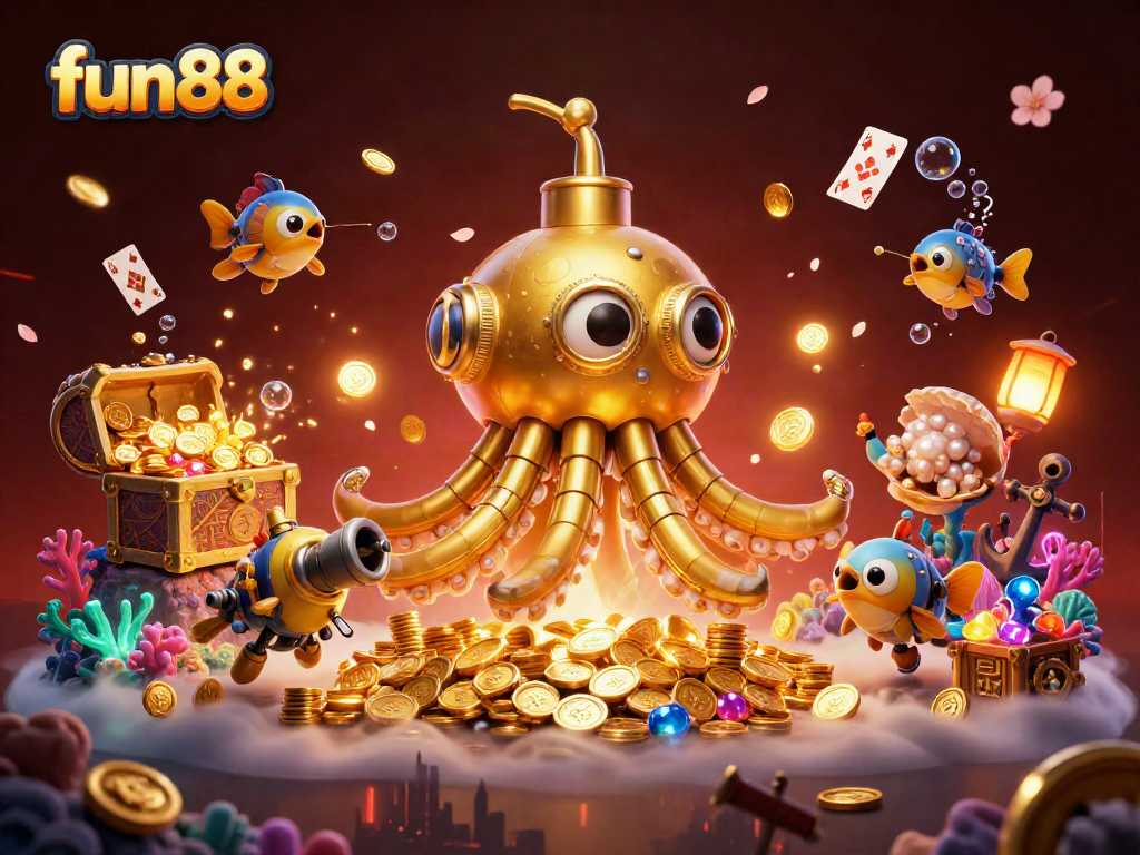 Join the fun88 adventure with a golden kraken submarine amid a treasure-filled sea of riches.