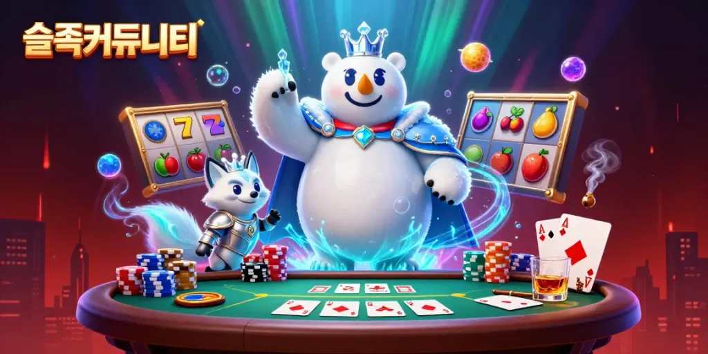 Experience thrilling slot action with 슬롯커뮤니티, featuring energetic polar bear and fox in a vibrant casino scene.