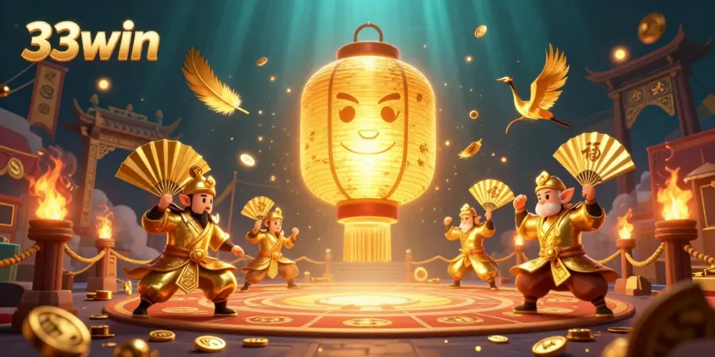 33win casino promotional illustration showcases a vibrant night market with golden lantern spirit and gaming elements.