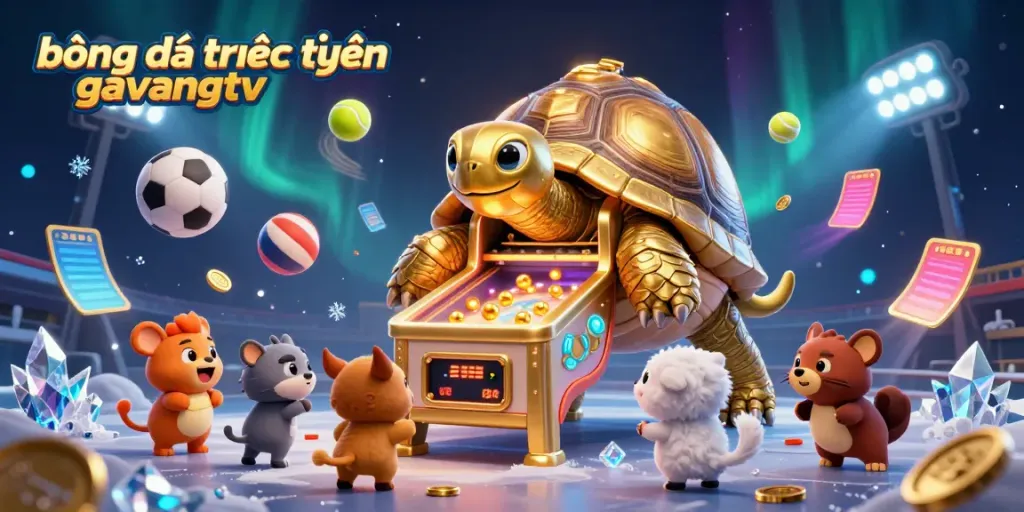 Experience بازی bóng đá trực tuyến gavangtv with a whimsical golden tortoise, dynamic sports balls, and vibrant elements.