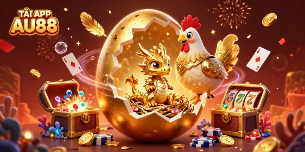 TẢI APP AU88 shows a golden dragon on poker chips amidst sparkling treasures and dynamic energy.