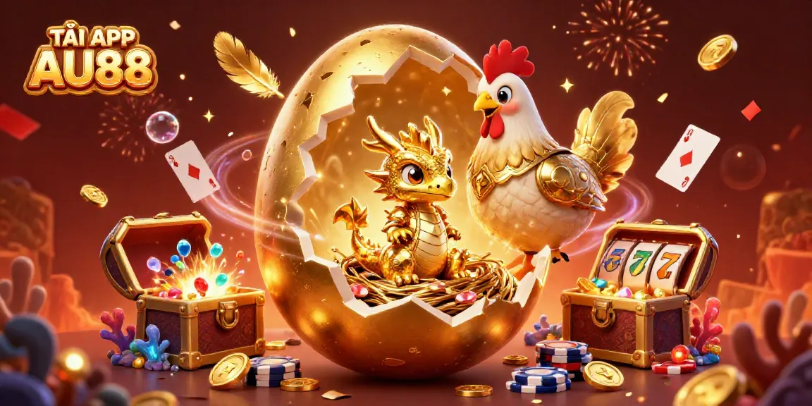 TẢI APP AU88 shows a golden dragon on poker chips amidst sparkling treasures and dynamic energy.