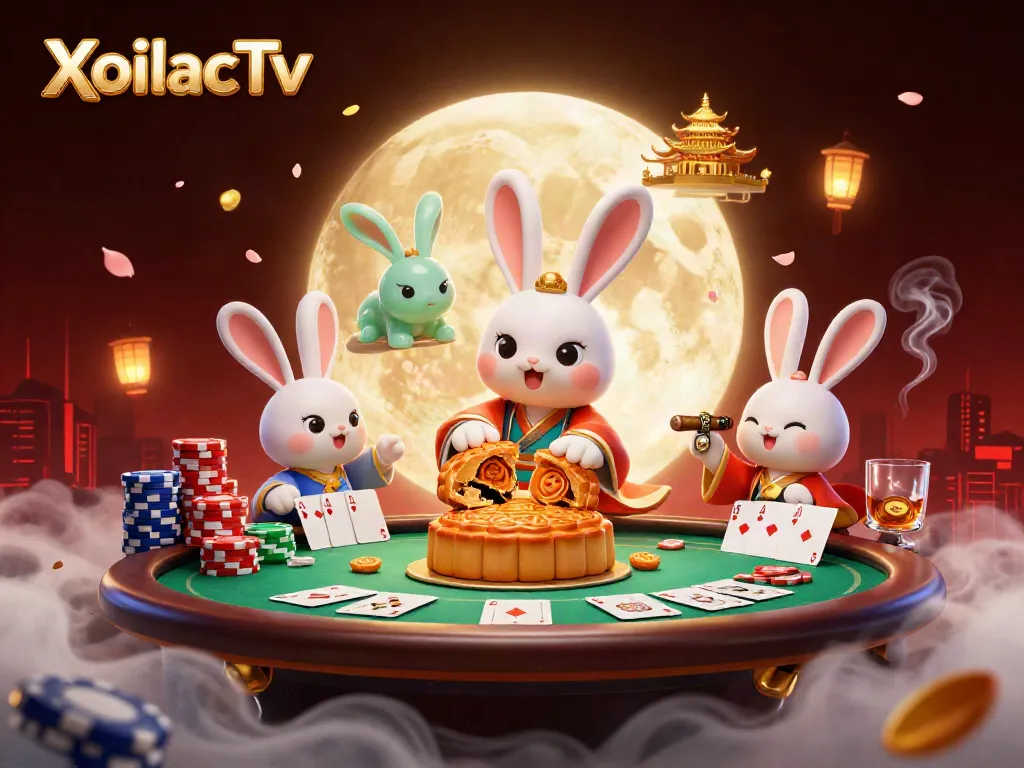 XoilacTv offers dynamic betting experiences illustrated by a rabbit character in a vibrant, detailed casino scene.