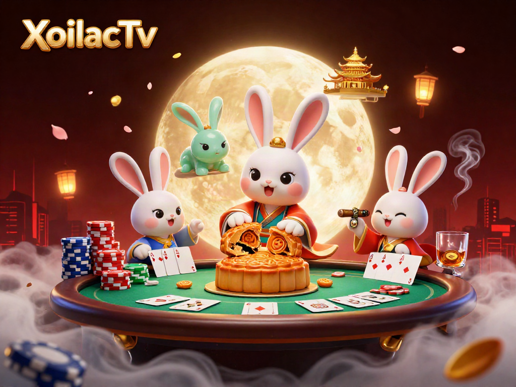 XoilacTv offers dynamic betting experiences illustrated by a rabbit character in a vibrant, detailed casino scene.