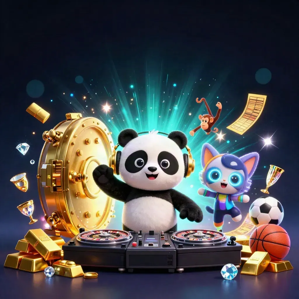 DJ panda, breakdancing monkey and glow-stick kitten explode from a gold vault in neon casino light.