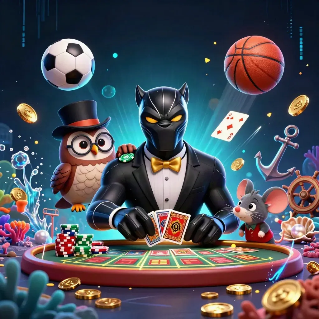 Panther dealer, owl and mouse in a neon treasure cove with coins, cards, and sports balls.