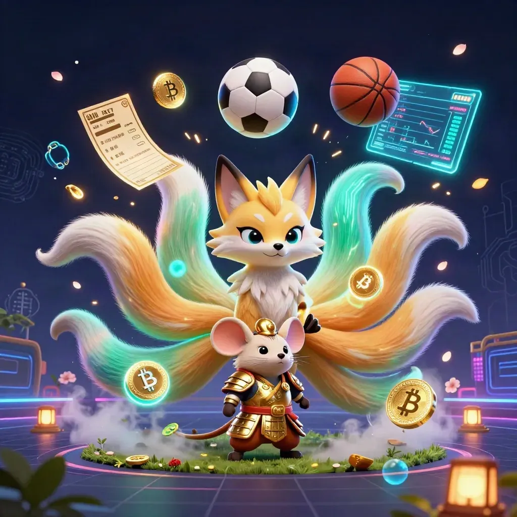 Neon fox spirit and golden mouse with sports balls, crypto coins, and casino effects.