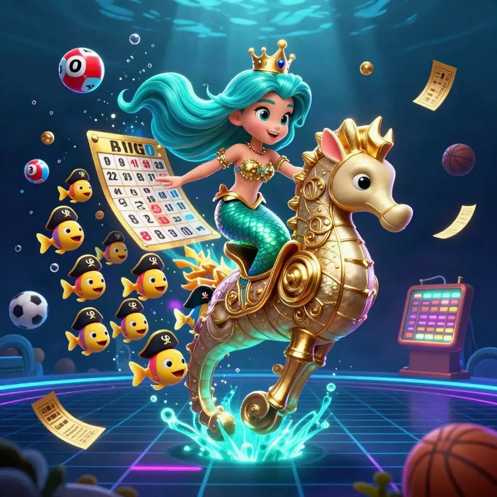Mermaid princess on golden seahorse with pirate fish, lottery balls and casino sports icons in neon underwater glow