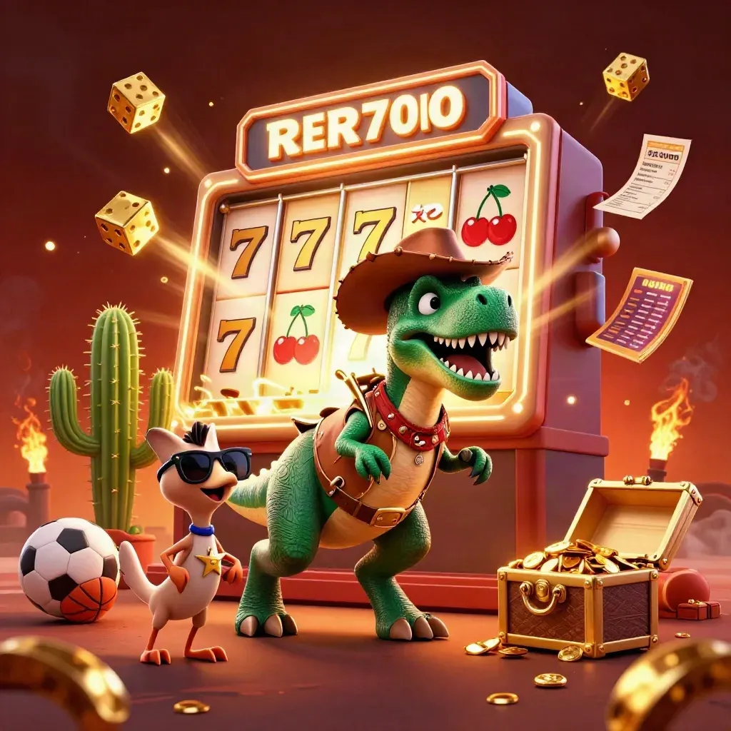 Cowboy T-Rex, cactus, and roadrunner erupt from a slot machine in ember-lit casino gold.