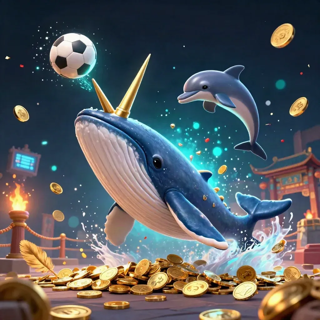 Whale, narwhal and dolphins burst through coins, rings and lights in a neon casino sports splash.
