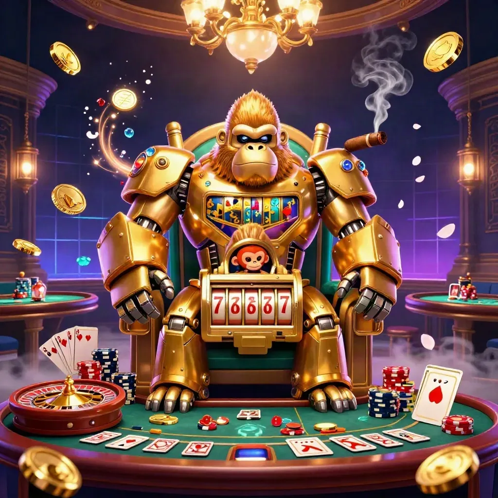 Golden gorilla mech and monkey pilot in a neon casino room with coins, gems, cards, chips, and roulette wheel