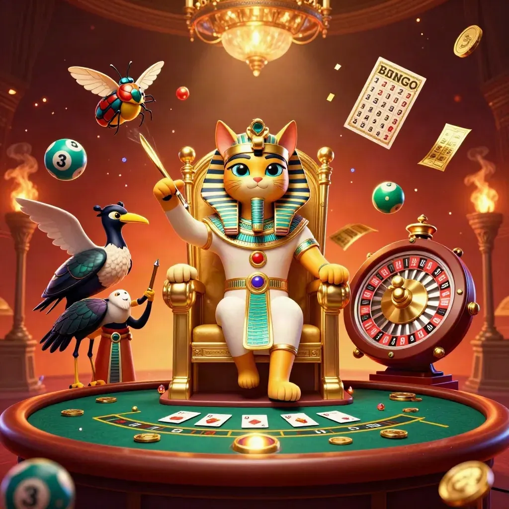 Pharaoh cat, ibis scribe and gem-wing scarabs in a luxe casino scene with flying game props.