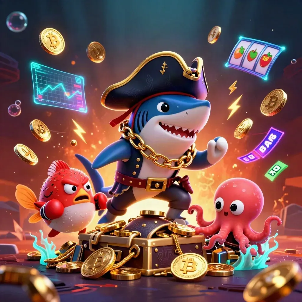 Shark pirate, boxing pufferfish, and coin-juggling octopus amid casino treasure bursts