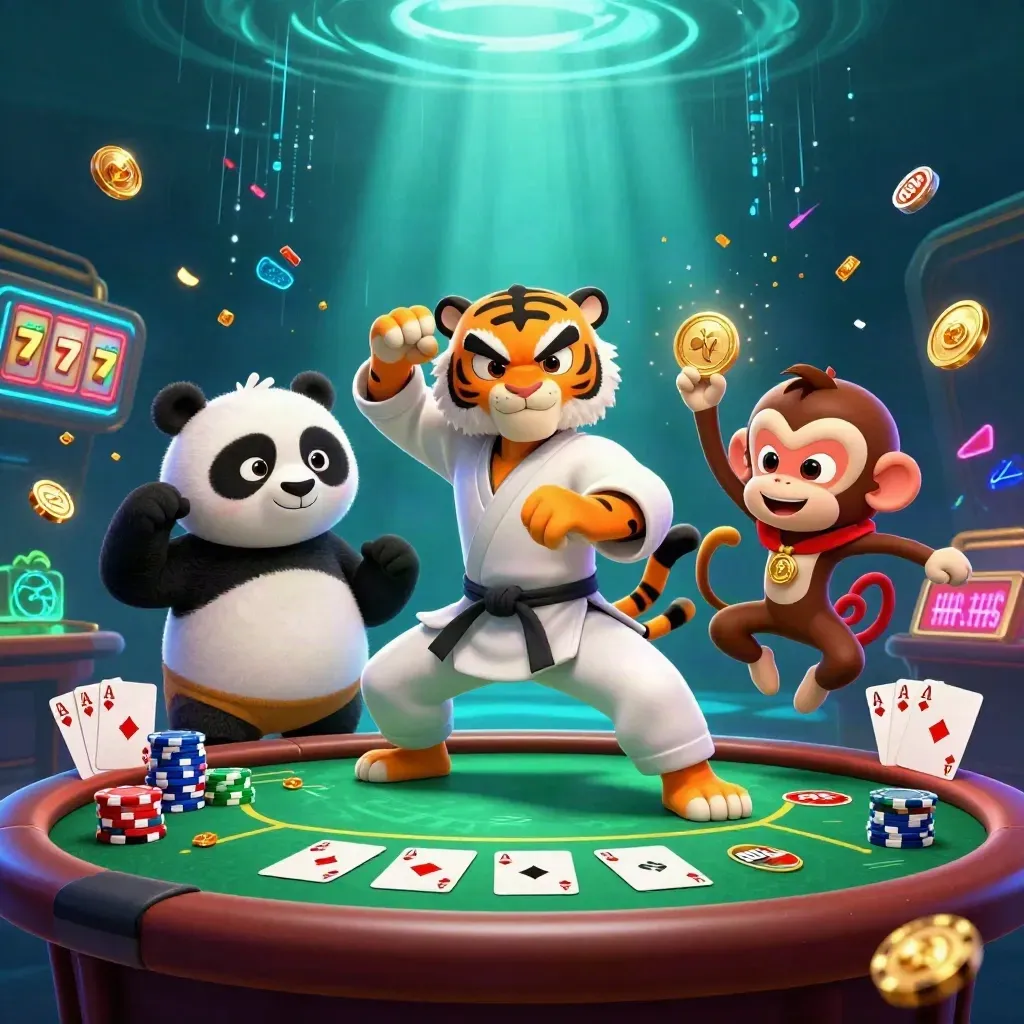 Kung-fu tiger, panda, and monkey over casino chips in a glowing underwater neon scene