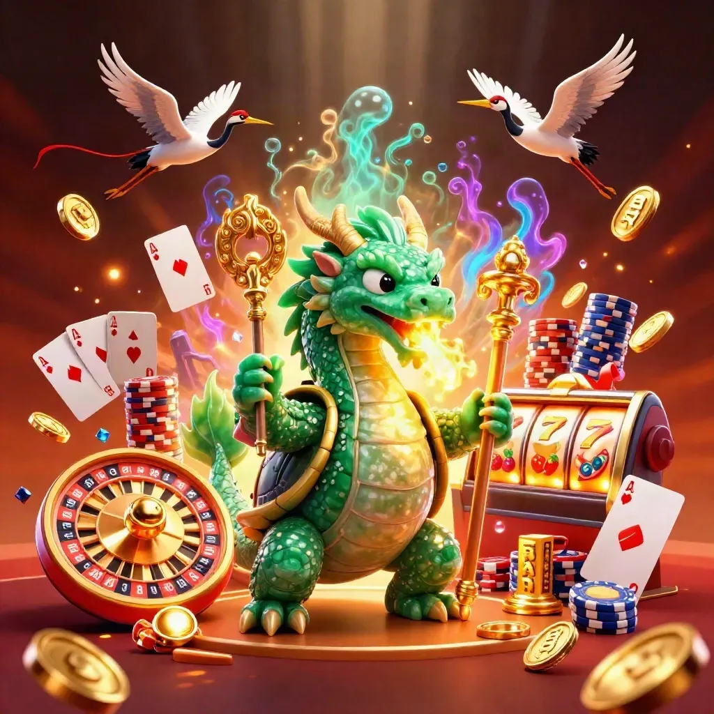 Emerald dragon, turtle sage, and cranes amid coins, gems, roulette, chips, and glowing casino effects.