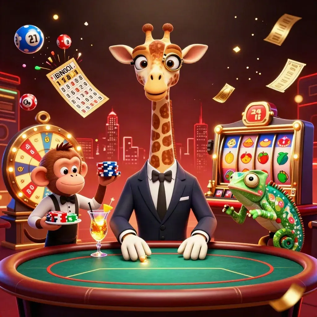 Giraffe, monkey, and chameleon in a luxe casino scene with glowing game props