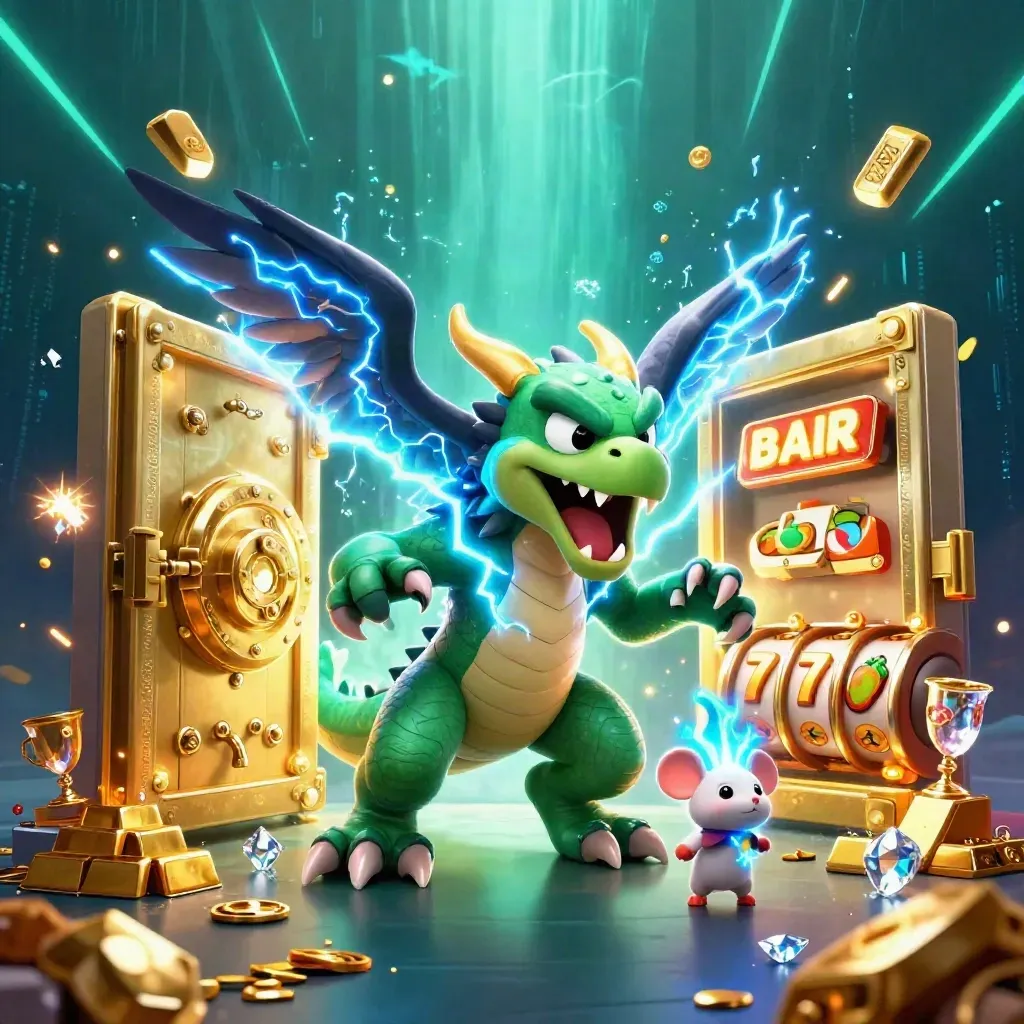 Thunder dragon, wind hawk and static mouse amid treasure, vault light and neon casino effects