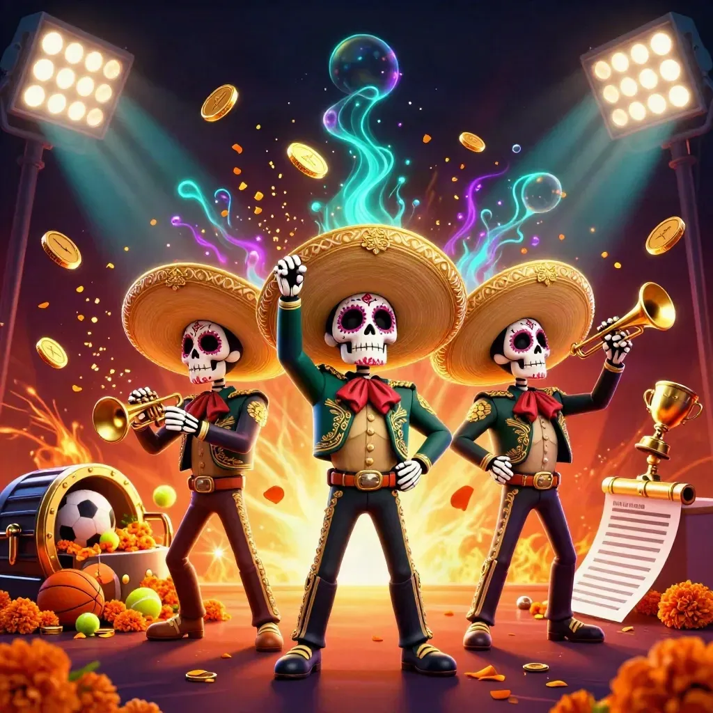Three skeleton mariachi heroes amid coins, sports balls, trophy, and neon casino light.