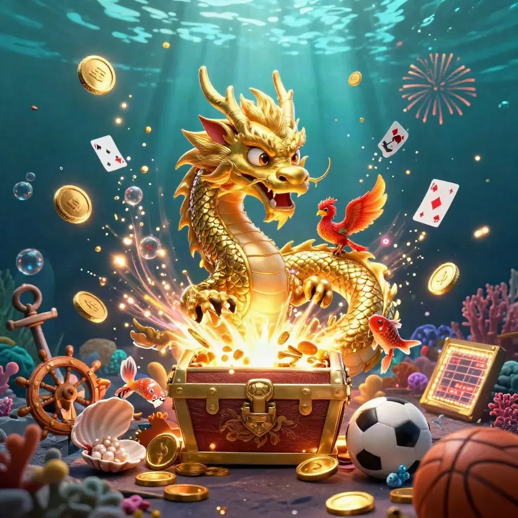 Golden dragon and phoenix bursting from a treasure chest in an underwater casino scene.