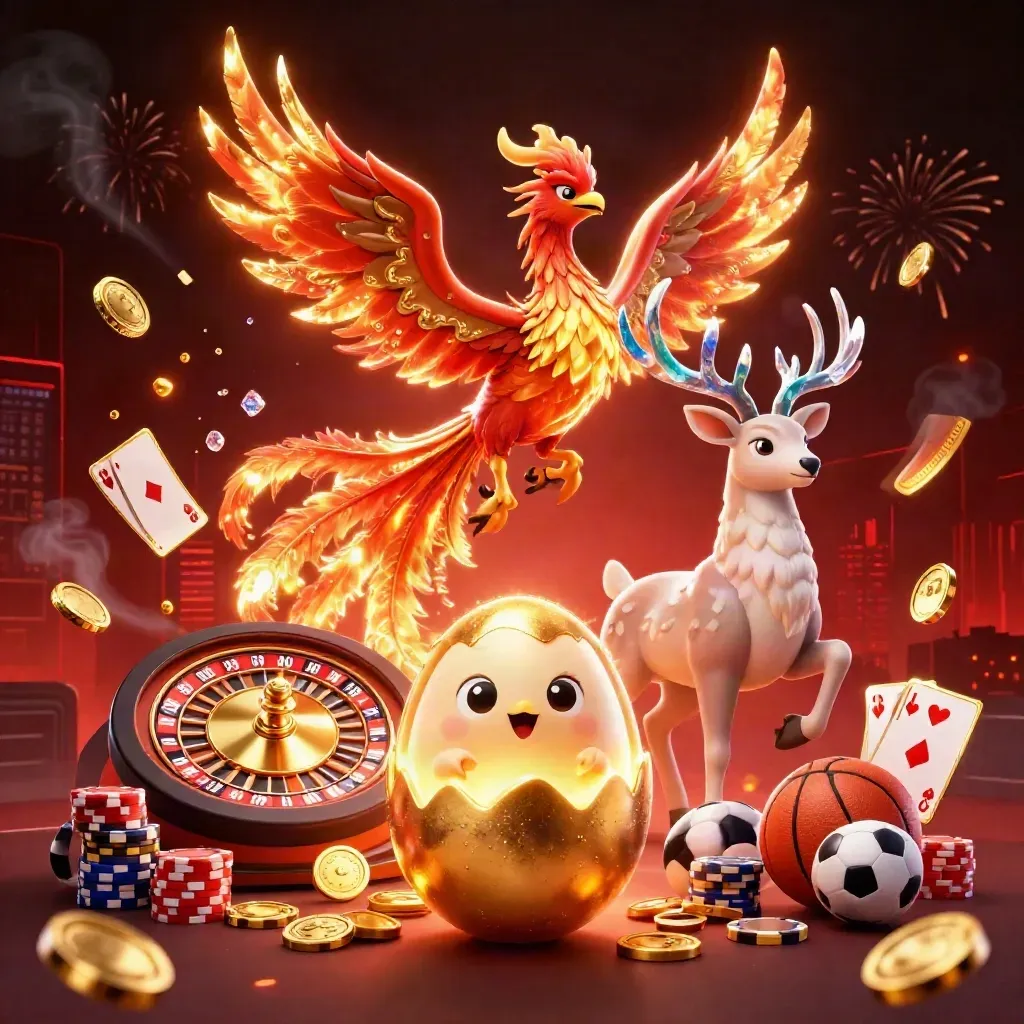 Phoenix, hatchling egg, and crystal stag amid coins, gems, roulette, chips, and fireworks.