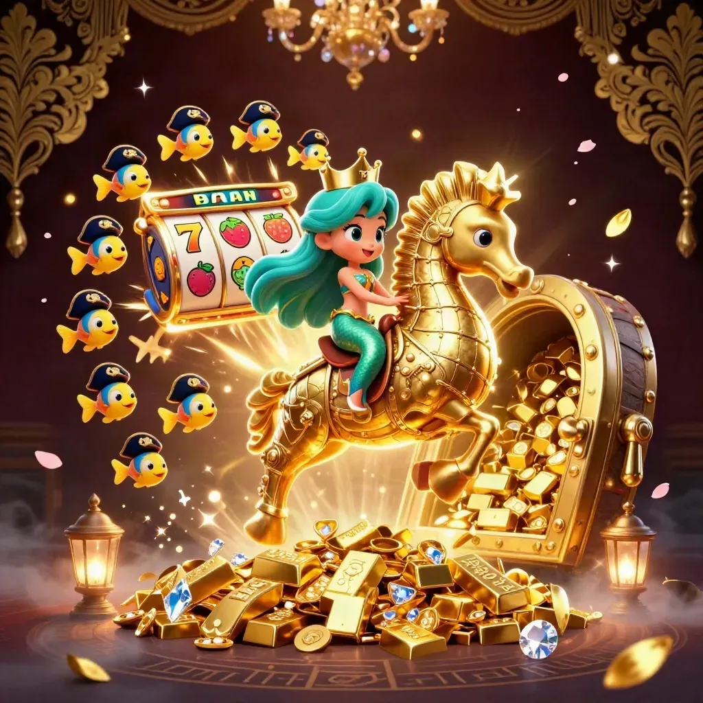Mermaid princess on a golden seahorse amid treasure vault, fish, reels, gems, and casino glow