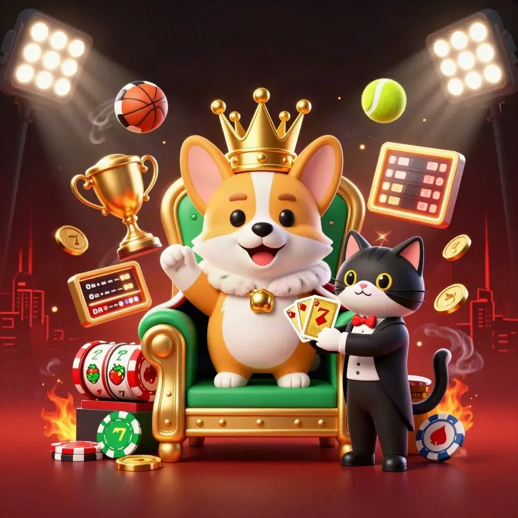 Royal corgi and cat butler on poker-chip throne amid casino balls, coins and glowing reels.