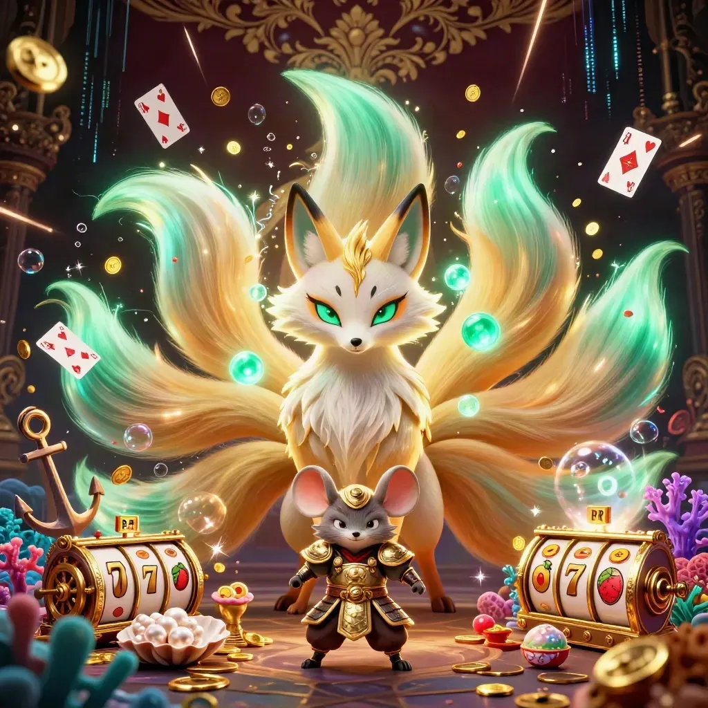 Fox spirit and samurai mouse amid treasure, cards, coral, coins, and neon casino effects.