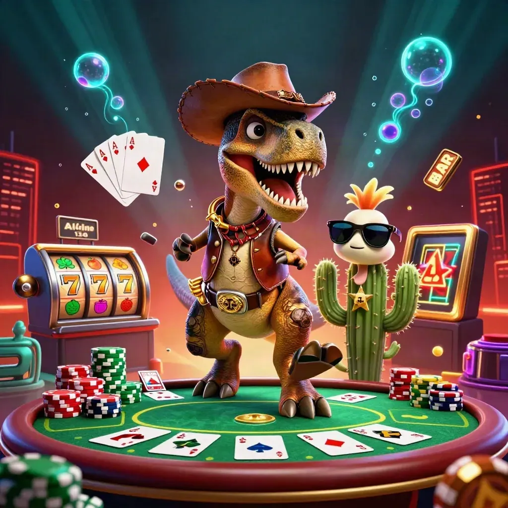 Cowboy T-rex, cactus sidekick and roadrunner over casino chips, cards and glowing slot reels.