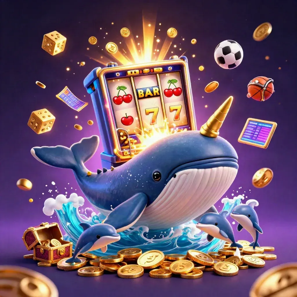Whale captain, narwhal, dolphins, slots, coins, gold sparks, neon casino key art